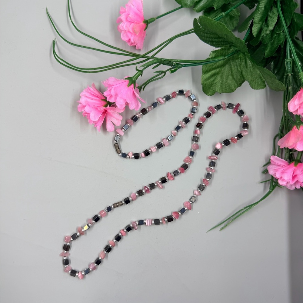 Pink Stone and Black Glass Bead Necklace and Bracelet Set